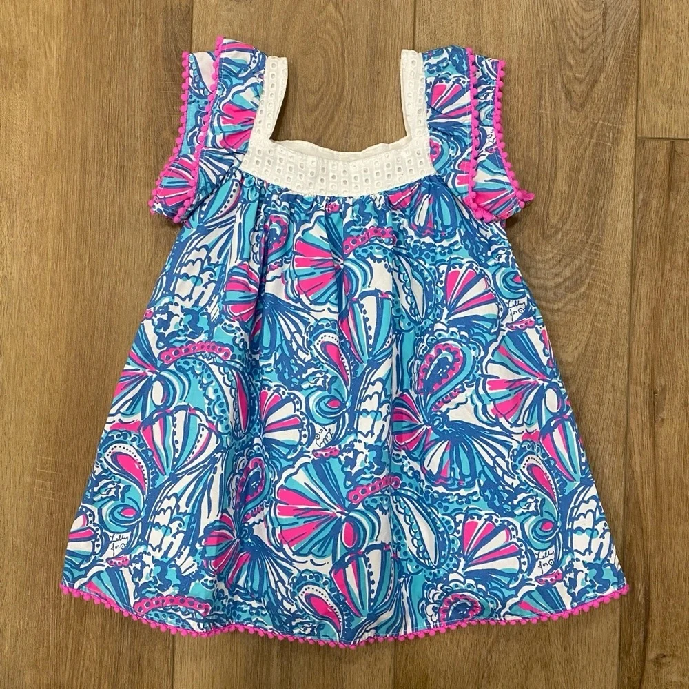 🌟LILLY PULITZER🌟 GIRLS FLORAL PRINT DRESS EYELET TRIM BLUE / PINK SZ 18M